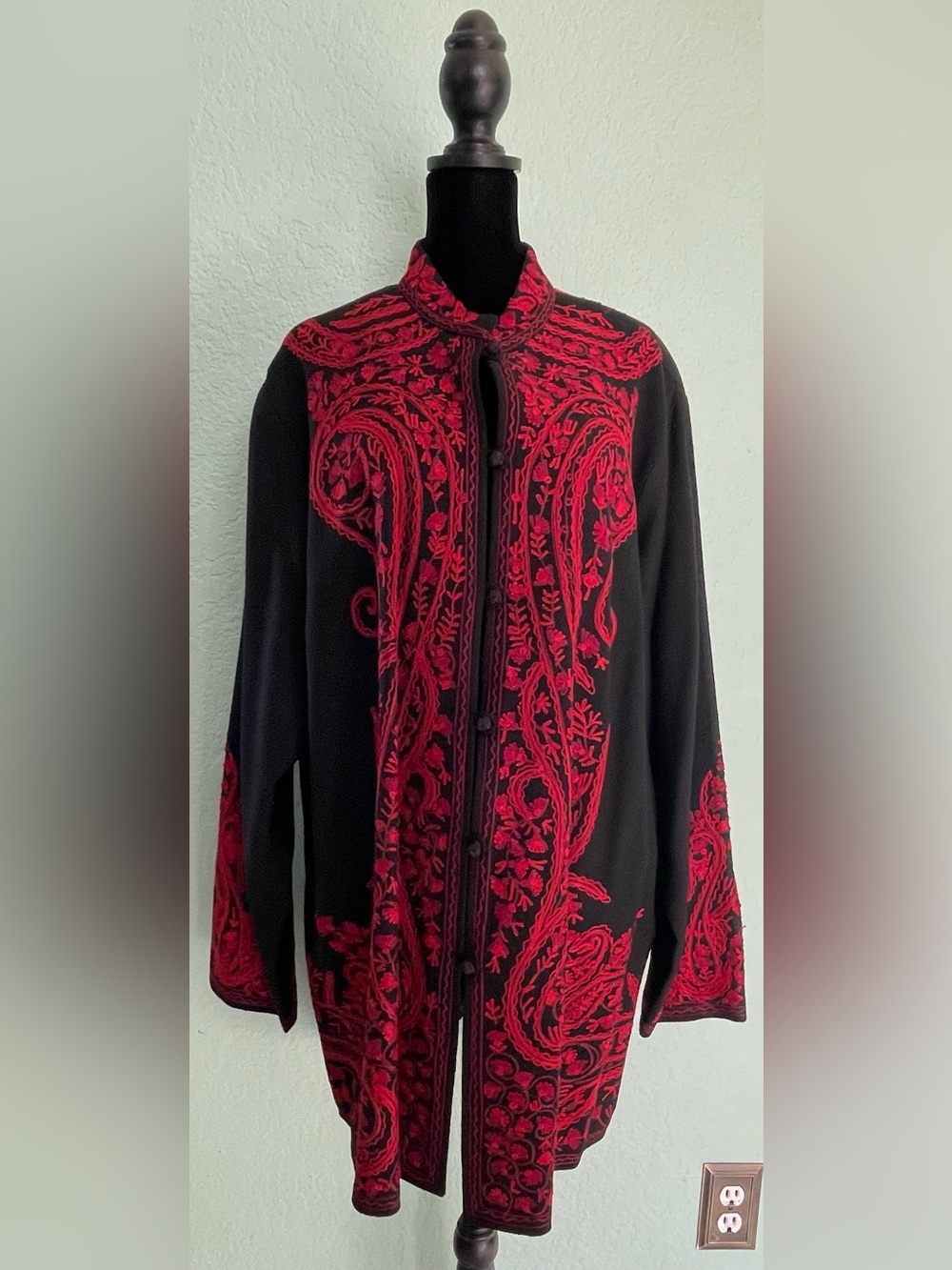 Coldwater Creek Black Jacket with Red Embroidered Paisley Detail